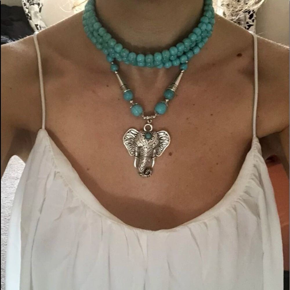 Boho WesternTribal Navajo Turquoise Beaded Elephant Head Charm Pendant Choker - Picture 10 of 12